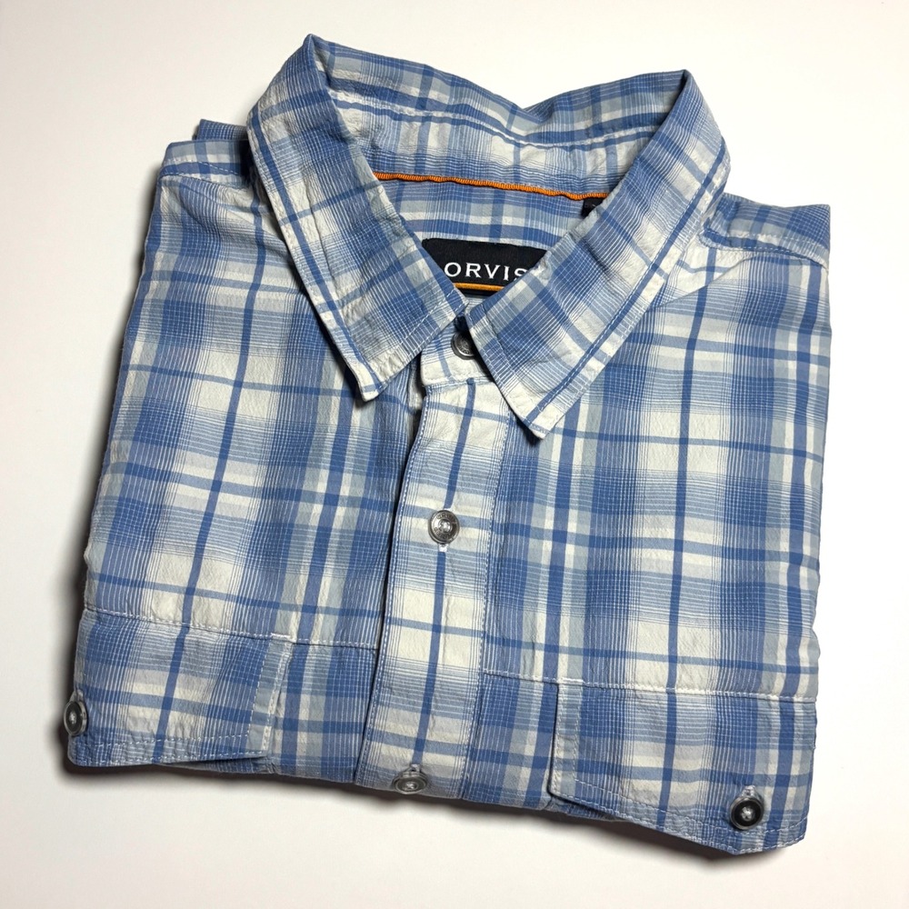 Orvis Active Fit White Blue Plaid Mens XL Tech Hiking Fishing Short Sleeve Shirt - Picture 2 of 8